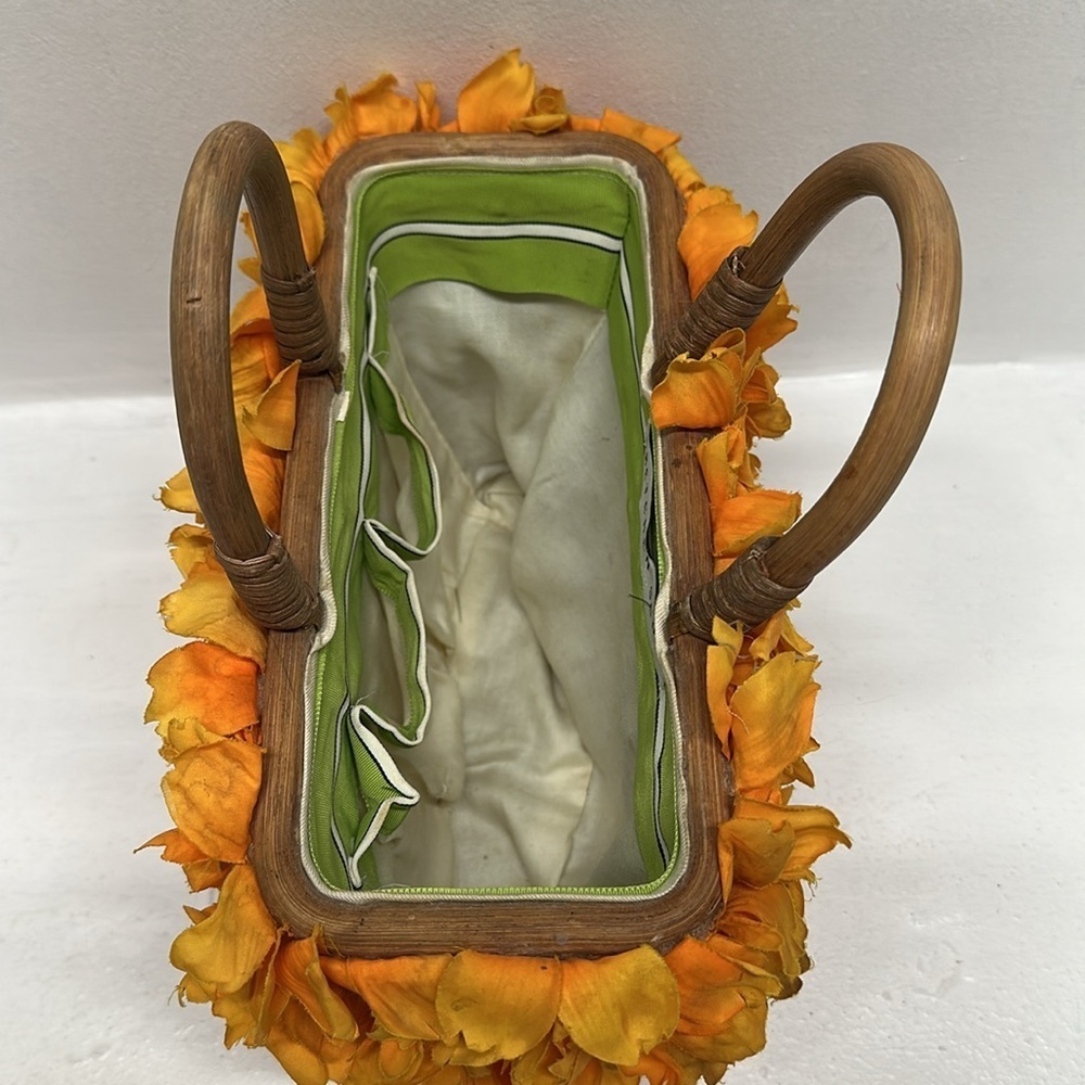 Gretchen Scott Floral Wicker Basket Bag Wooden Top Handles Purse Marigold Orange - Picture 6 of 9